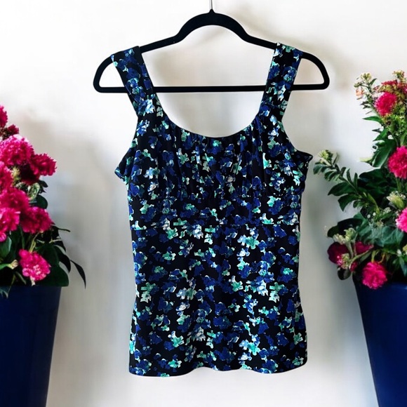 Ann Taylor Black/Royal Blue/Blue/Mint Green/White Splotchy Floral Print Tank Top - Picture 1 of 14